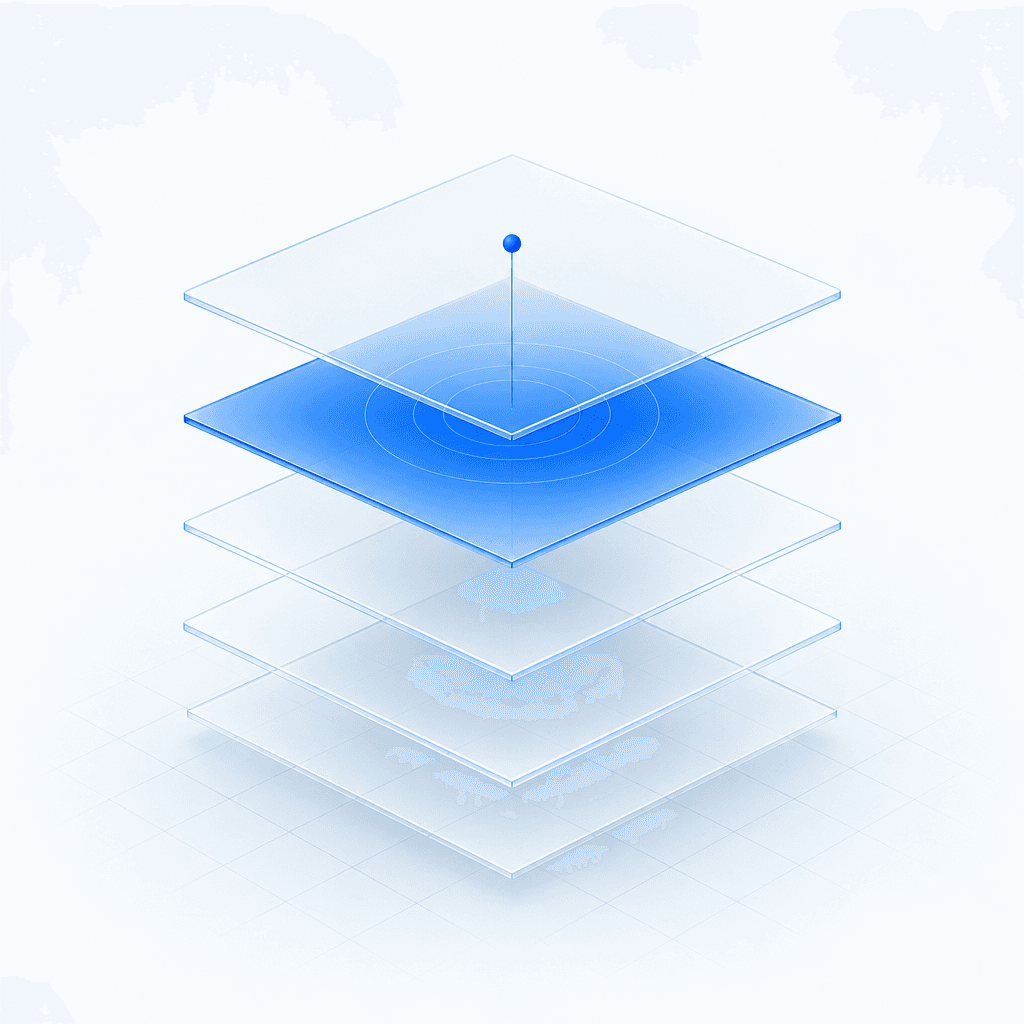 Abstract illustration of evenly spaced translucent layers with one highlighted layer and a single marked signal point