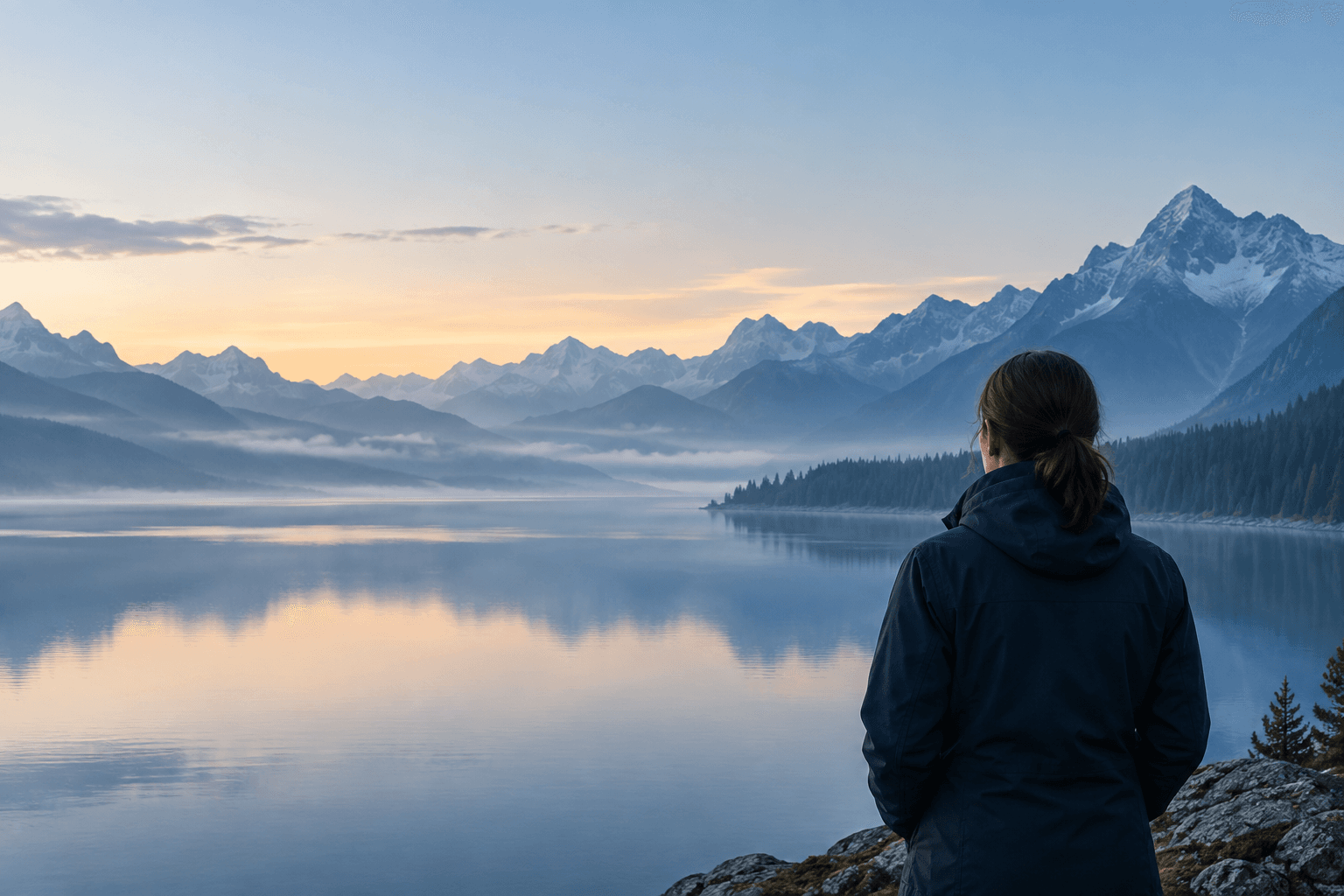 Dawn over an alpine lake with layered mountain ridges and a person looking out across the water